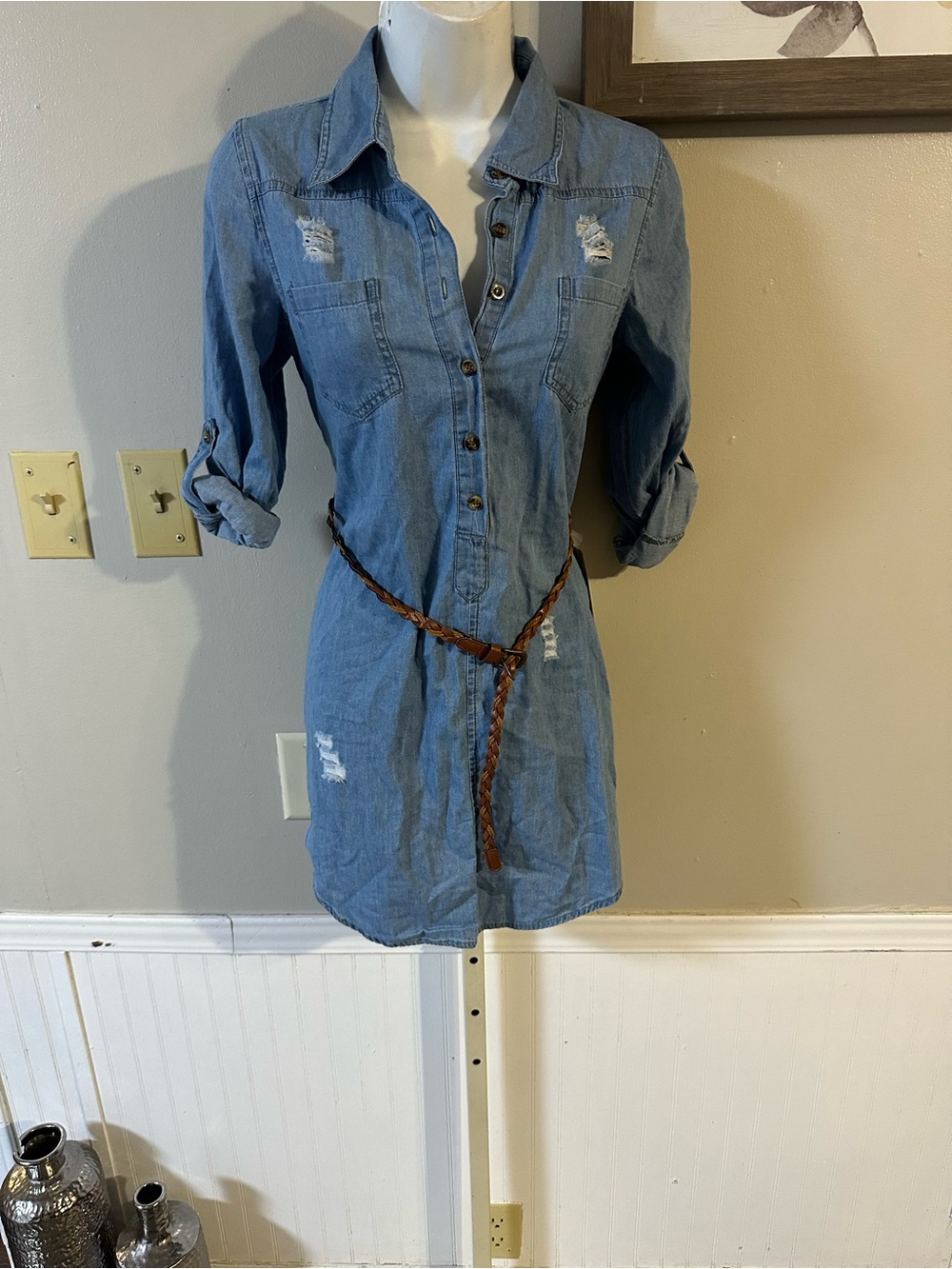 J for Justify Distressed Chambray Shirt Dress with Braided Belt